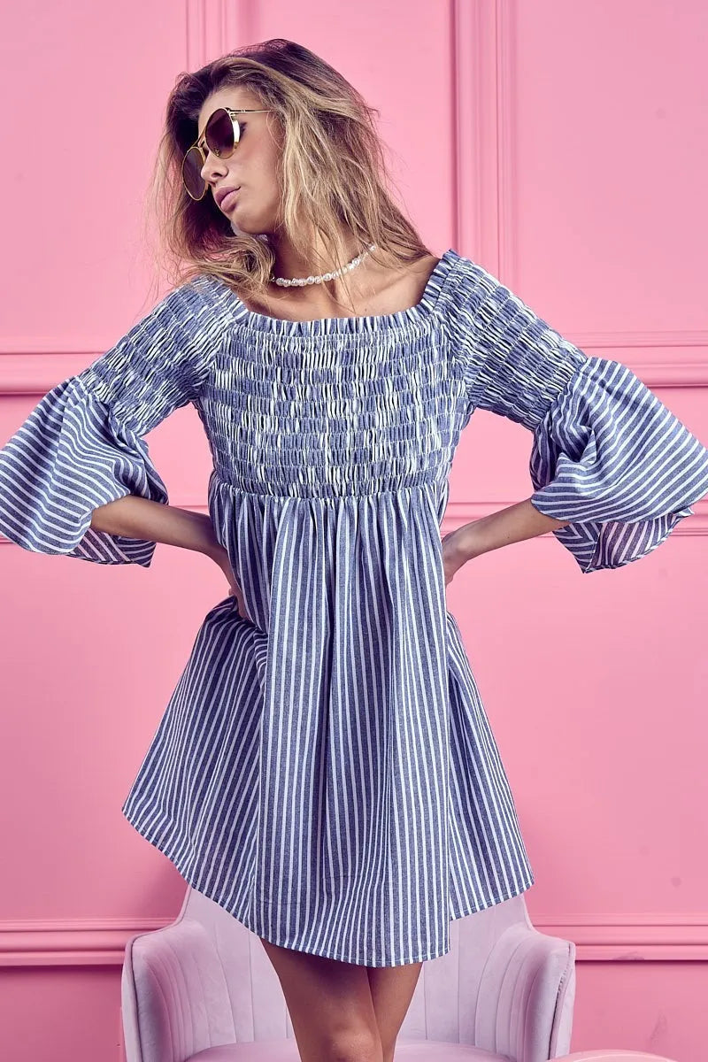 Smocked Off Shoulder Striped Dress - Denim - product view 6