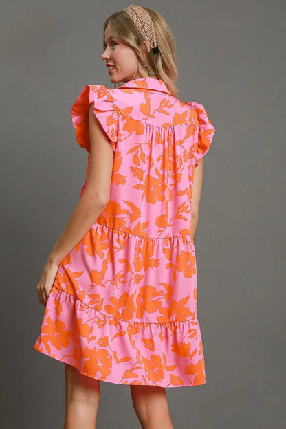 Full Size Floral Print Ruffle Cap Sleeve Tiered Dress Plus Size in Pink/Orange - product view 3