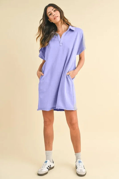Mineral Washed Johnny Collar Short Sleeve Dress - Blue Purple - product view 4