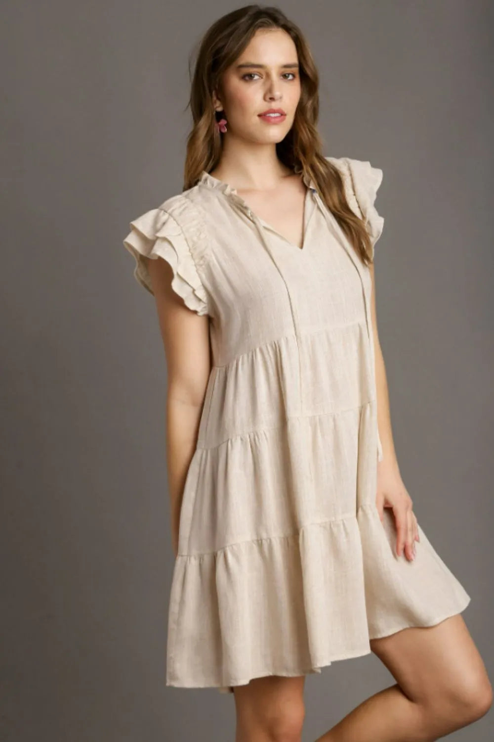 Full Size Linen A-line Tiered Mini Dress Plus Size in Oatmeal - product view 1