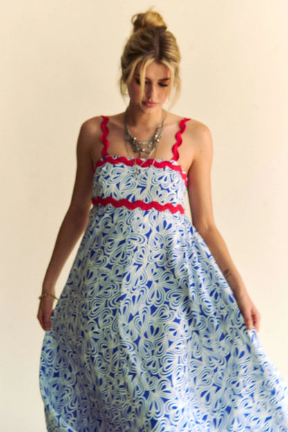 Geo 2 Tone Printed Wavi Trim Tiered Maxi Dress - Cobalt - product view 7