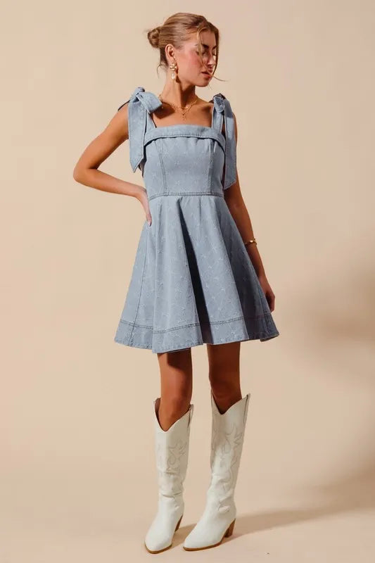 A Line Fit and Flare Diamond Bow Ribbon Denim Dres in Lt Denim - product view 9