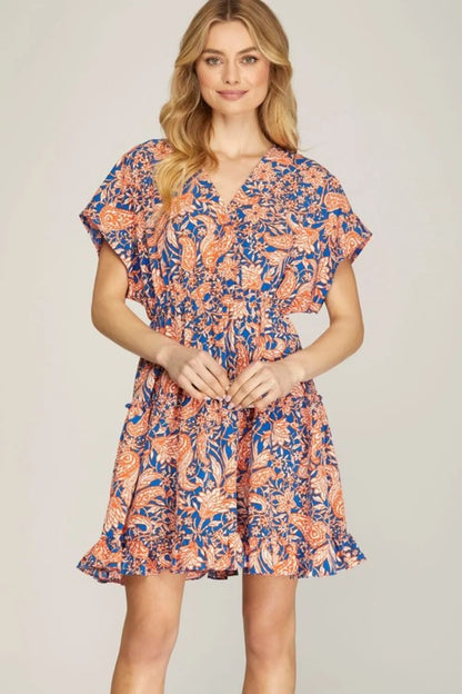 Full Size Ruffled Hem Printed Surplice Kimono Sleeve Mini Dress Plus Size - Royal Blue - product view 1