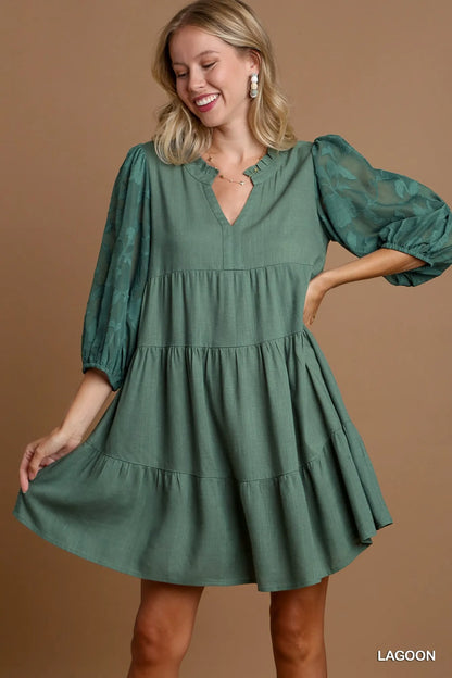 Floral Contrast Sleeve Tiered Dress in Lagoon - product view 1