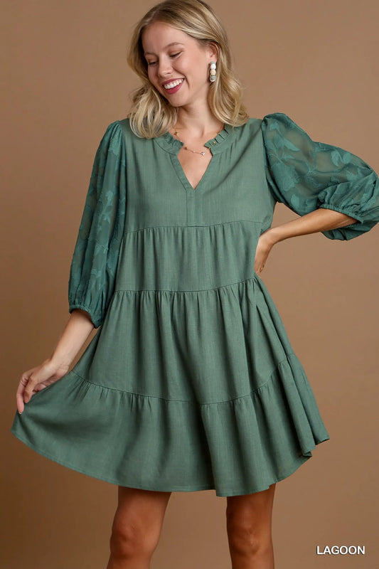 Floral Contrast Sleeve Tiered Dress in Lagoon - product view 1