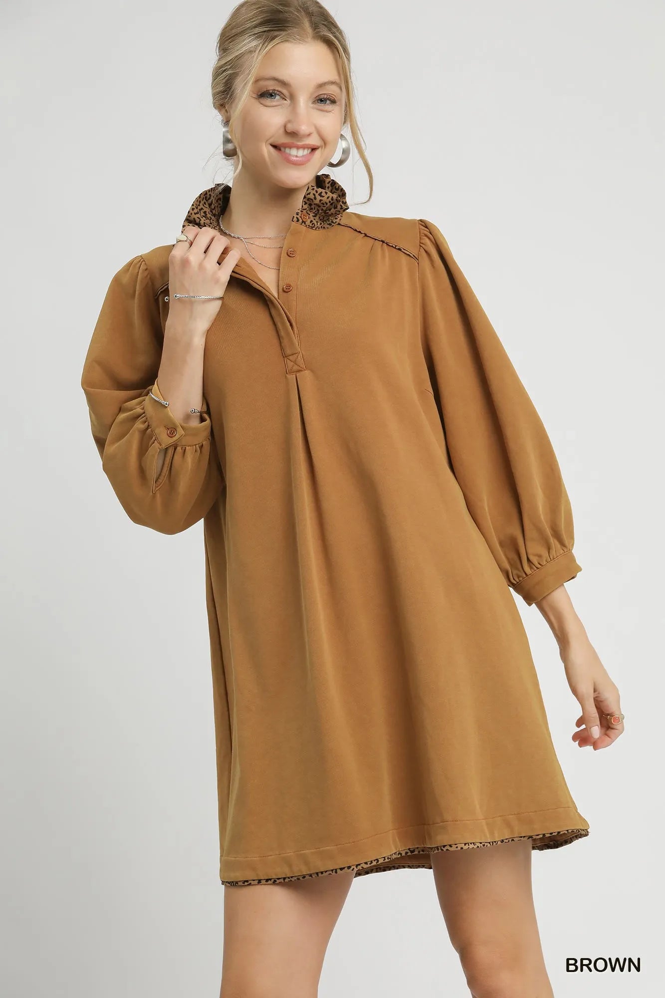 French Terry Balloon Sleeve Shift Dress with Leopard Print Detail - Brown - product view 1