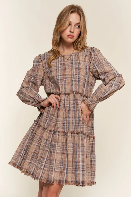Full Size Washed Frayed Tiered Plaid Dress in Brown - product view 1