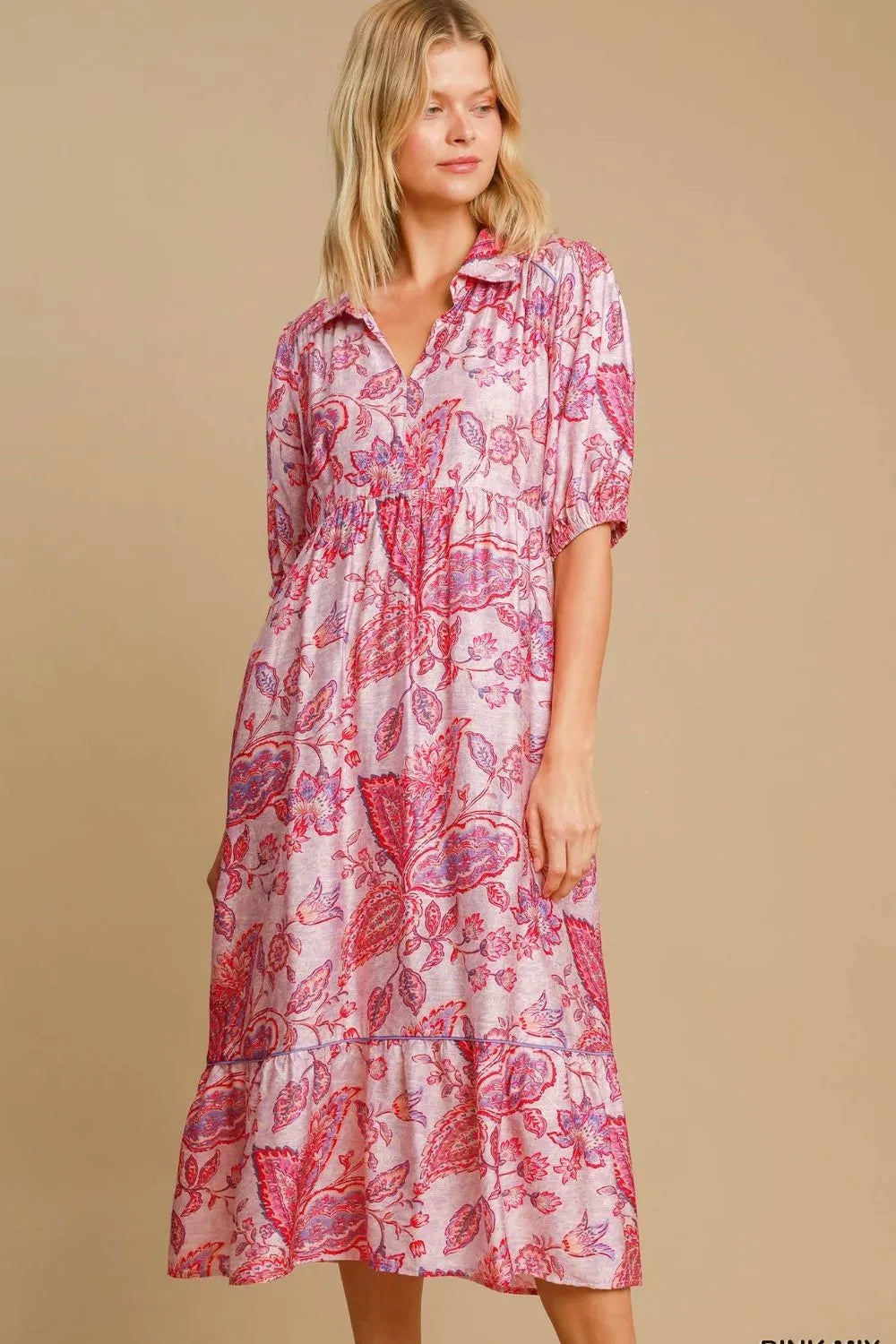 Full Size Ruffled Hem Floral Paisley Print Half Sleeve Midi Dress Plus Size in Pink Mix - product view 1