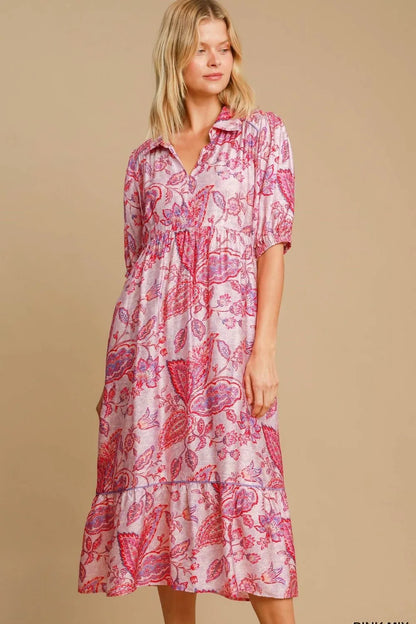 Full Size Ruffled Hem Floral Paisley Print Half Sleeve Midi Dress Plus Size in Pink Mix - product view 1