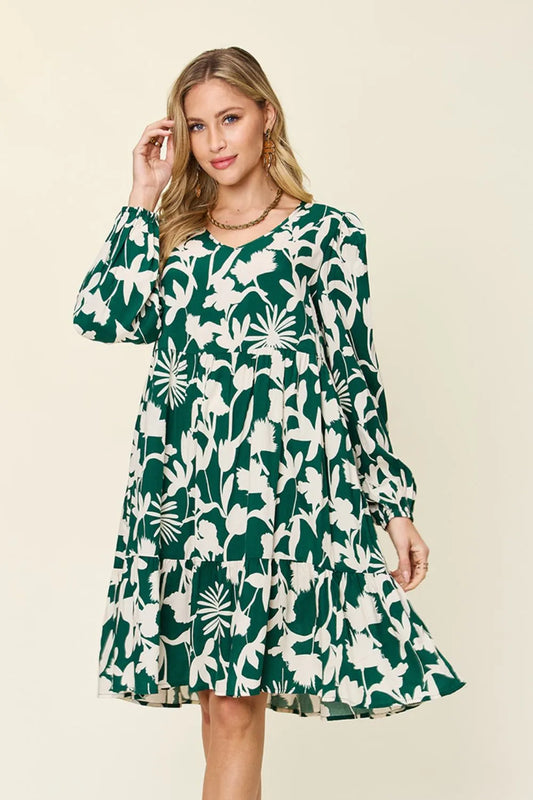 Full Size Printed Ruffle Hem Dress with Pocket in Dark Green, Lavender and more - product view 1
