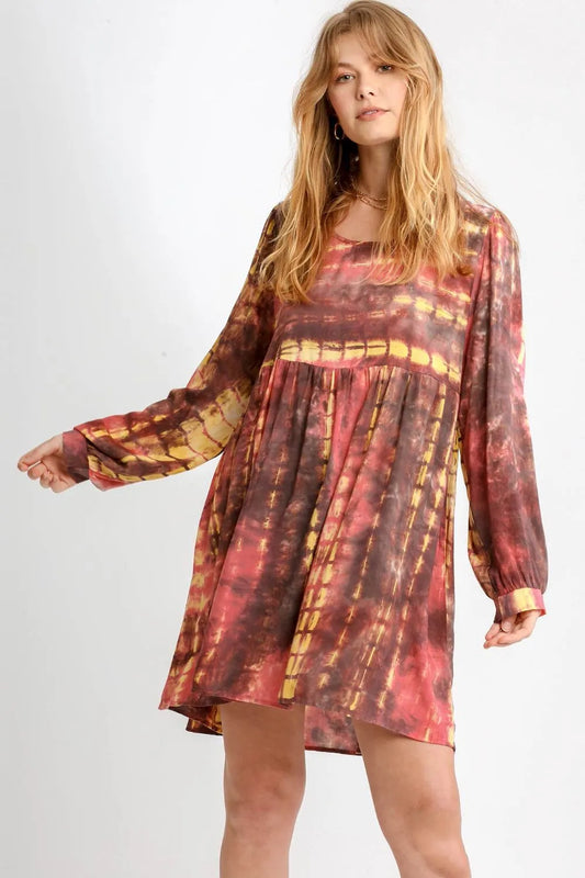 Full Size Tie Dye Long Sleeve Babydoll Dress with Keyhole Plus Size in Coral/Mocha - product view 1