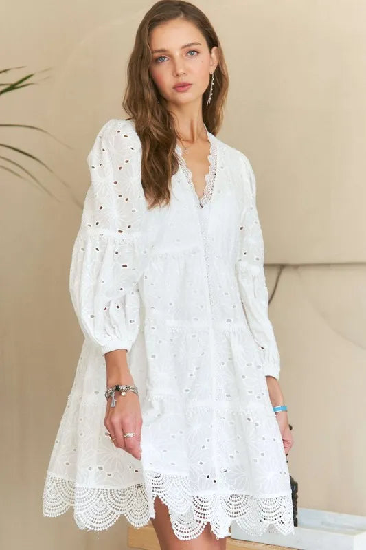 Lace Detail Tiered Eyelet V-Neck Babydoll Dress in White - product view 4