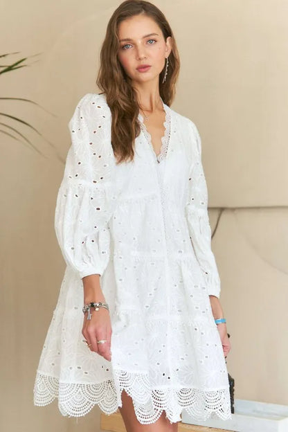 Lace Detail Tiered Eyelet V-Neck Babydoll Dress in White - product view 4