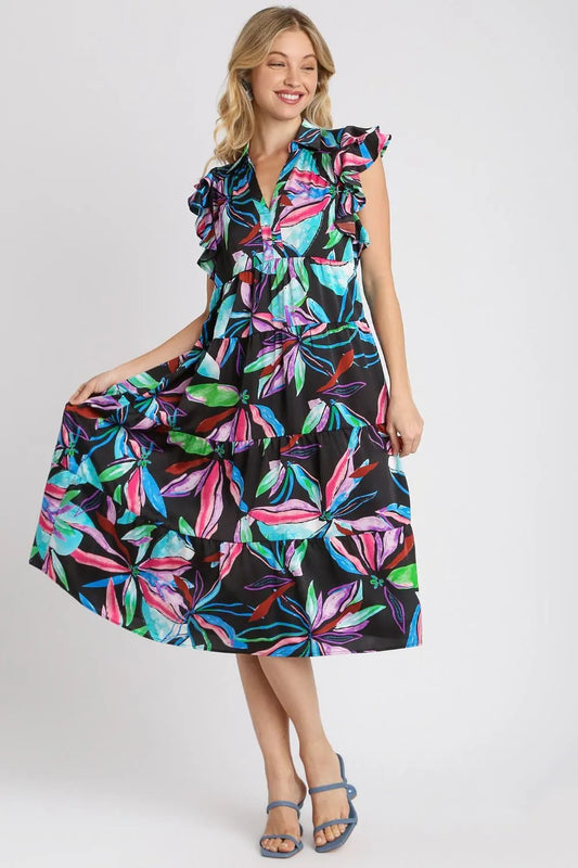 Full Size Leaf Print Double Layered Ruffle Sleeve Tiered Midi Dress Plus Size - Blackmix - product view 1
