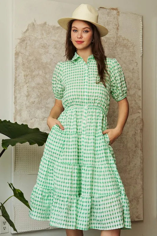 Checkered Puff Sleeve Tiered Shirt Dress in Green - product view 5
