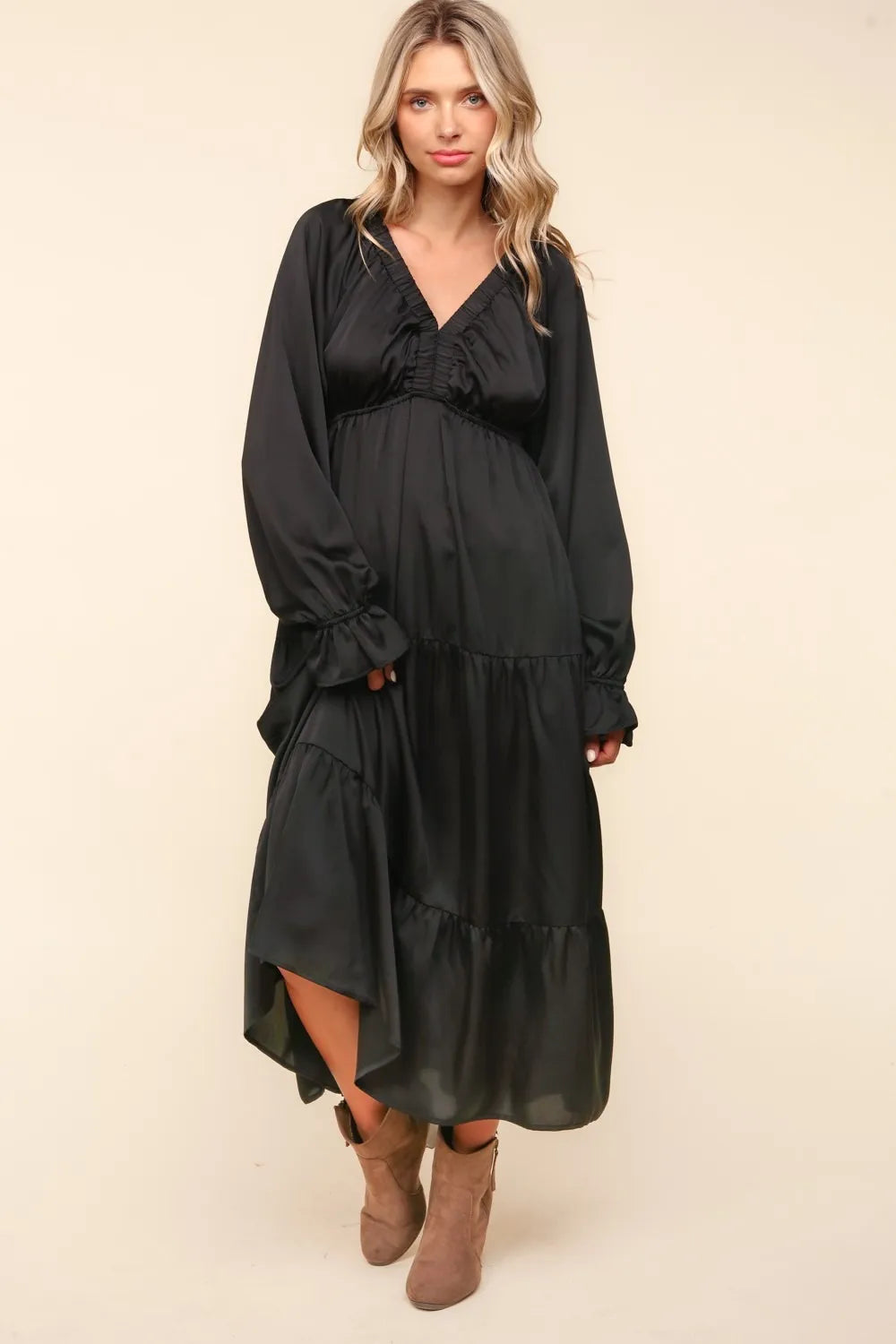 Flounce Sleeve Tiered Midi Dress with Pockets in Black - product view 1