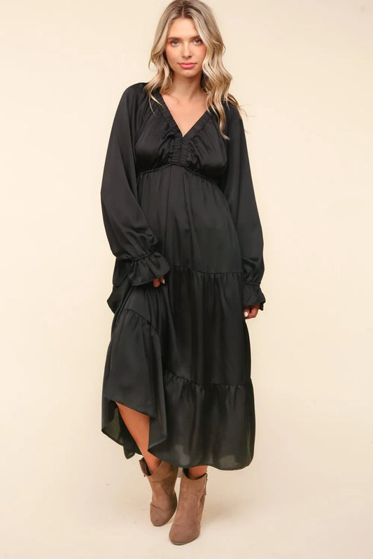 Flounce Sleeve Tiered Midi Dress with Pockets in Black - product view 1