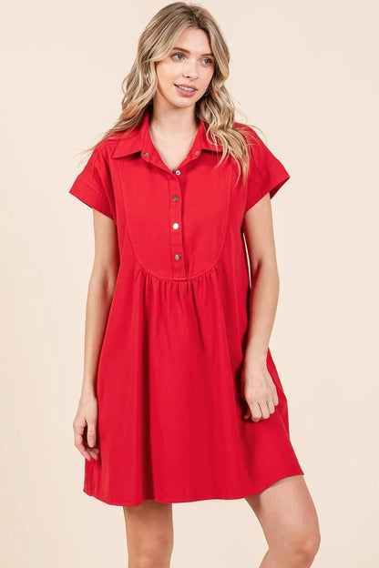 Twill Short Sleeve Collared Mini Dress - Red - product view 3