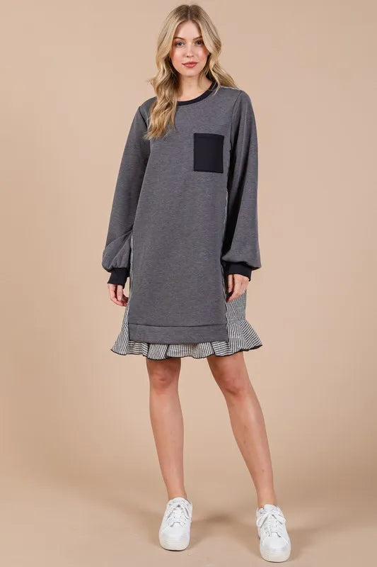Ces Femme Striped Patchwork Round Neck Terry Sweatshirt Dress in Charcoal - product view 6