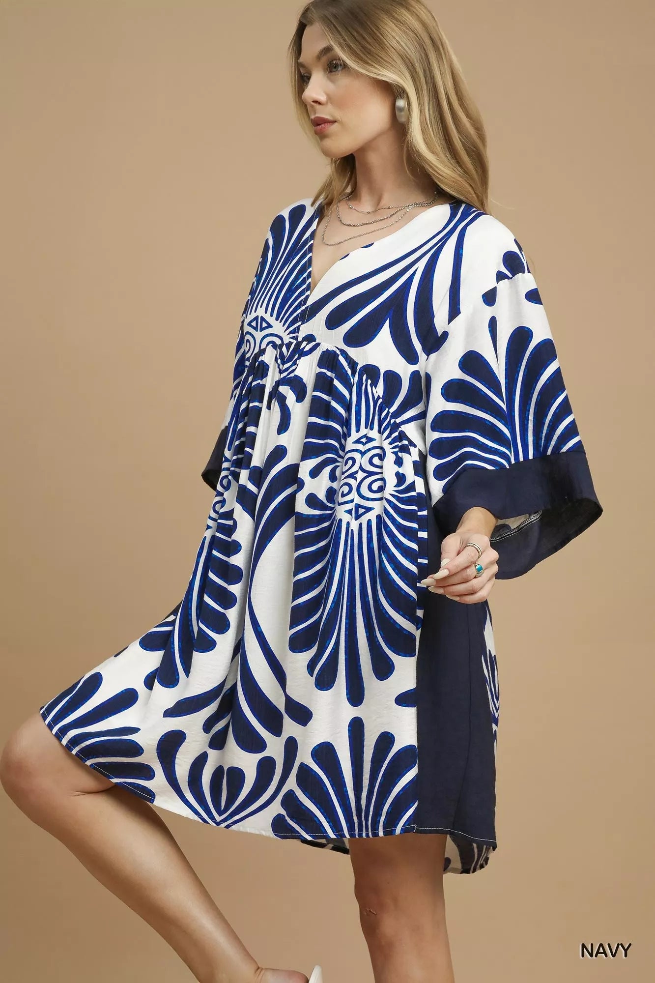 Abstract Print Kimono Sleeve Mini Dress - Navy - product view 3