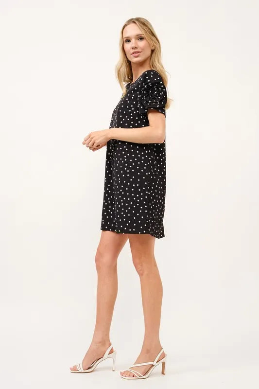 Embellished Sleeve Polka Dots Shift Dress in Black - product view 9