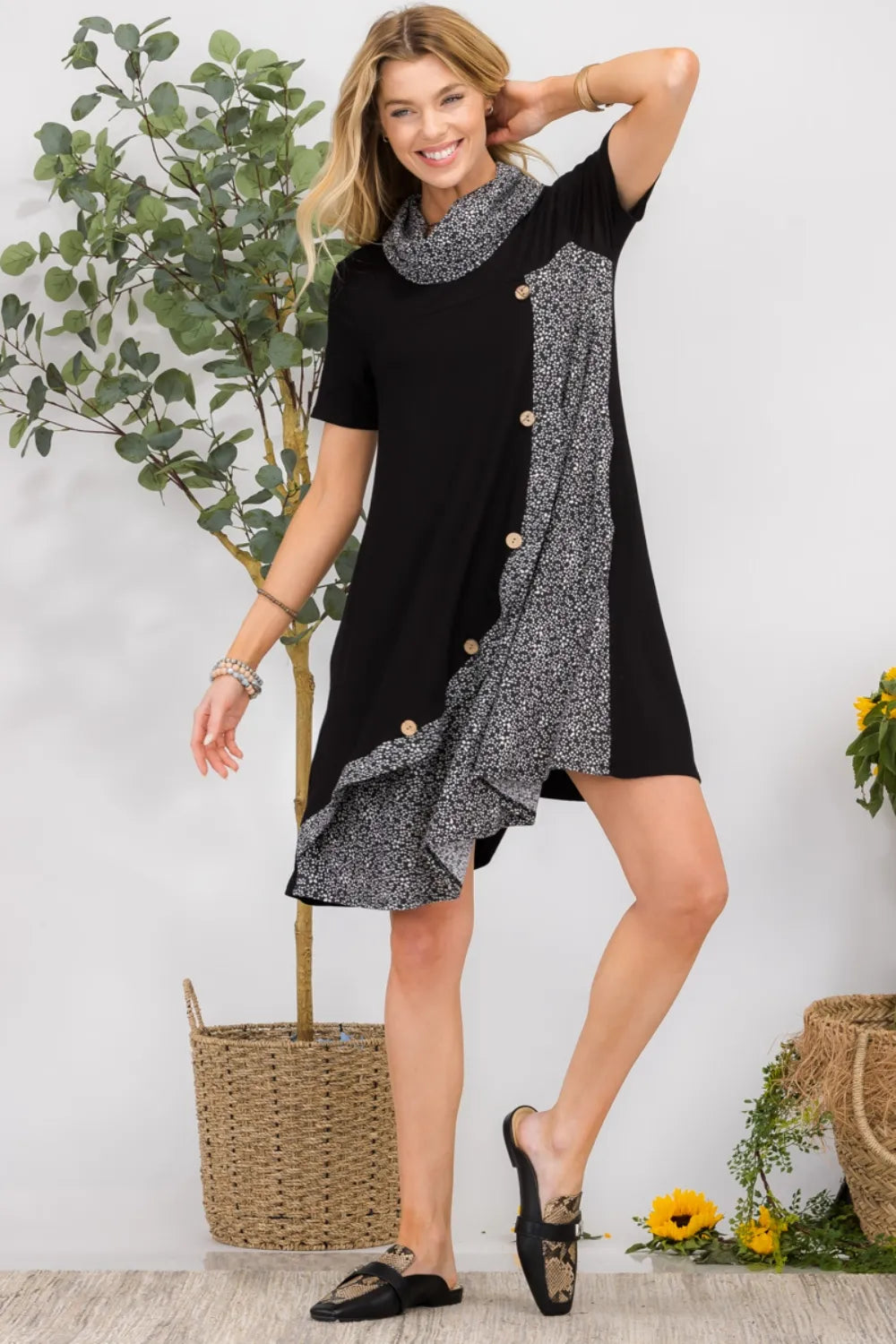 Full Size Decor Button Short Sleeve Dress with Pockets Plus Size in Black, Cinnamon and Sage - product view 4