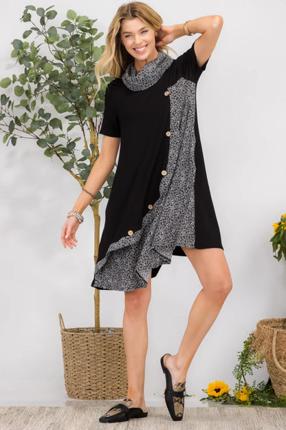 Full Size Decor Button Short Sleeve Dress with Pockets Plus Size in Black, Cinnamon and Sage - product view 4