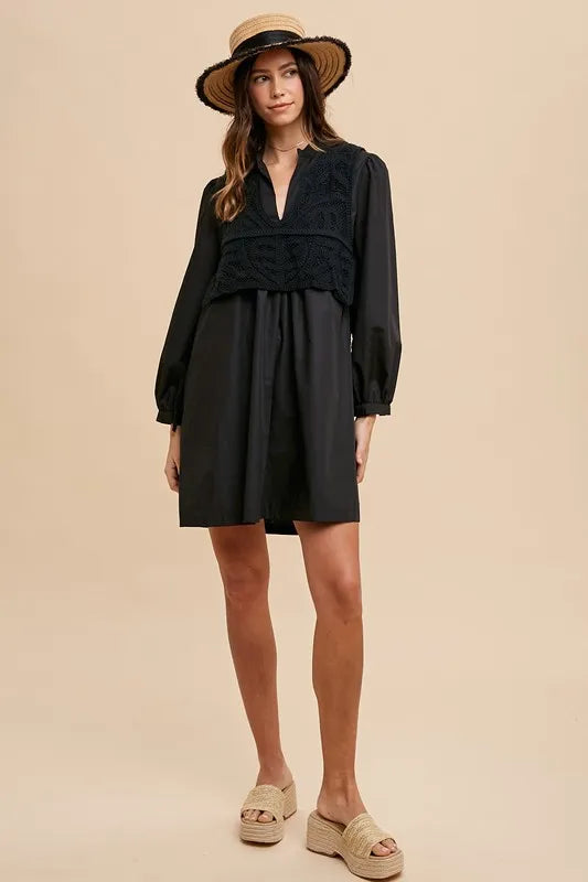 Crochet Vest Notched Long Sleeve Shirt Dress in Black - product view 5