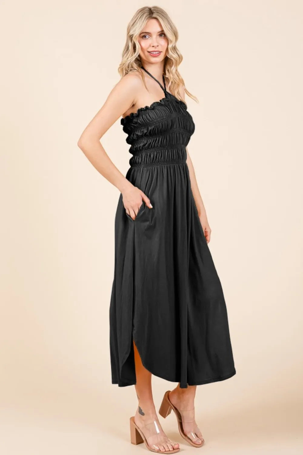 Tie Back Shirring Dress with Pockets - Black - product view 3