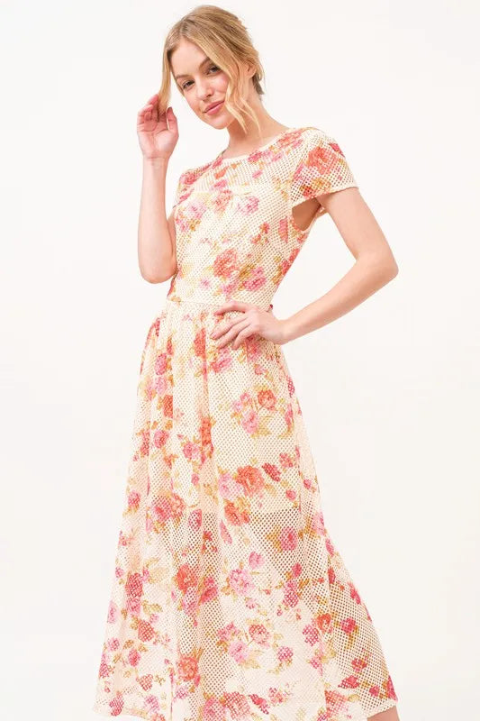 Fish-Net Floral Printed Midi Dress in Multi - product view 4