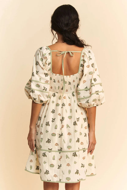 Cactus Printed Poplin Contrast Piping Mini Dress in Cream/Green - product view 7