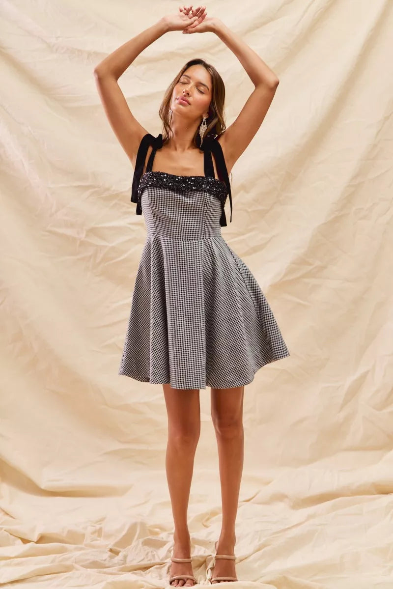Houndstooth Fit Flare Mini Dress with Shoulder Tie in Black - product view 5
