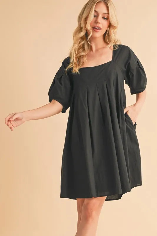 Square Neck Babydoll Dress with Pockets - Black - product view 1