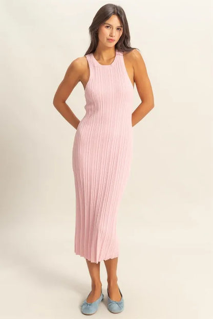 Round Neck Bodycon Ribbed Knit Dress - Soft Pink - product view 5