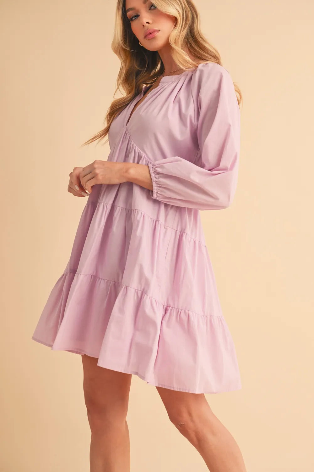 Notched Balloon Sleeve Tiered Mini Dress - Lilac - product view 6