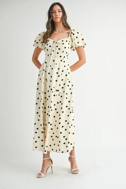Polka Dot Puff Sleeve Midi Dress - Cream - product view 3