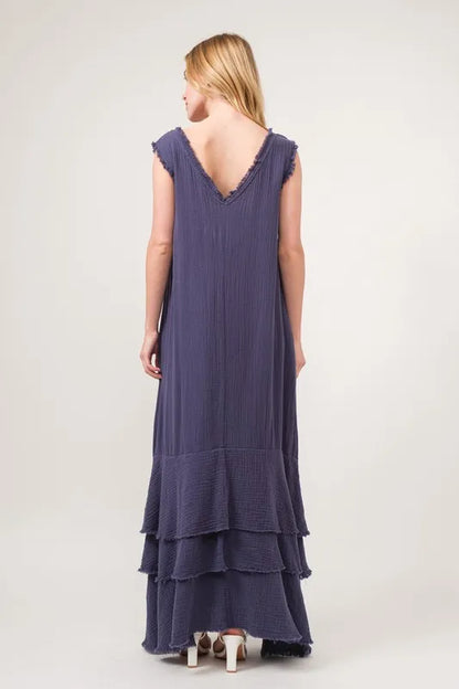 Washed Cotton Gauze Fringe Detail Tiered Dress - Navy - product view 6