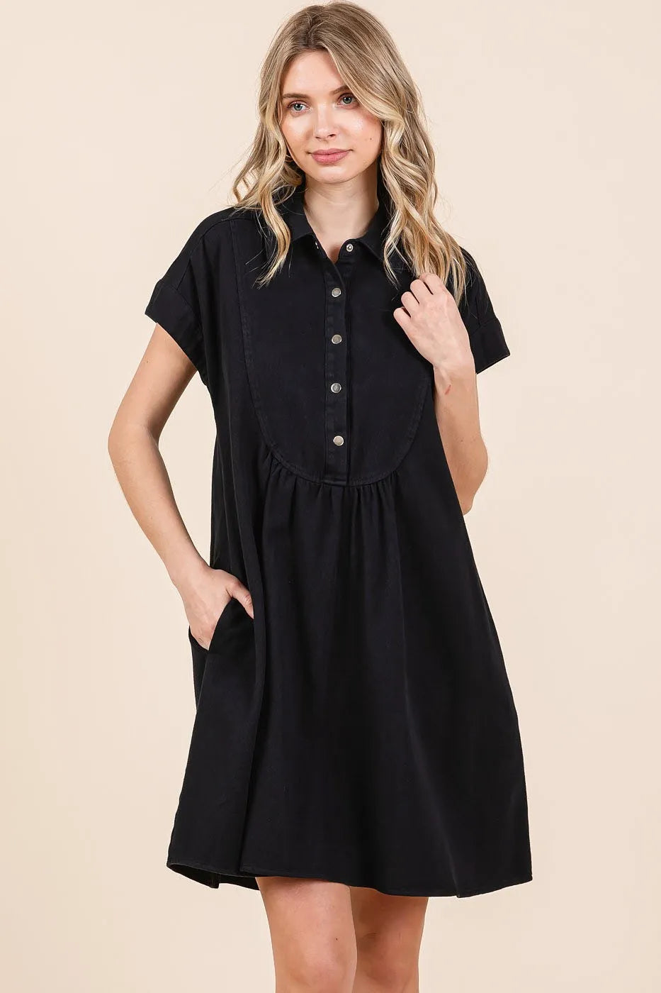 Twill Short Sleeve Collared Mini Dress - Black - product view 1