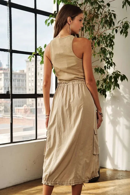 Drawstring Sleeveless Washed Dress - Tan - product view 6