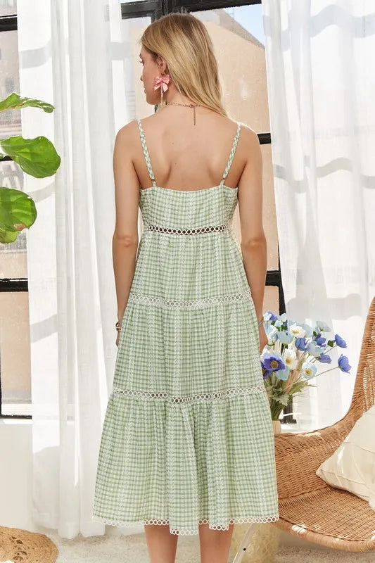 Gingham Detail Washed Dress in Light Green - product view 3