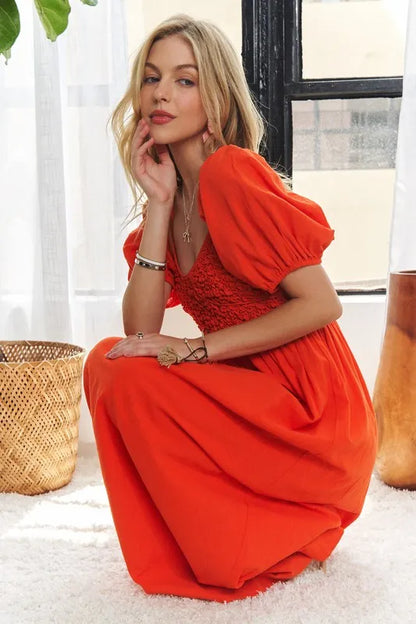Popcorn Smocked Puff Sleeve Dress in Orange-Red - product view 6