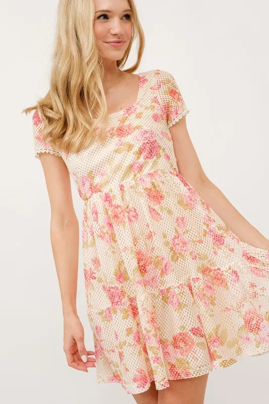 Square Neck Tiered Floral Fishnet Dress in Multi - product view 1