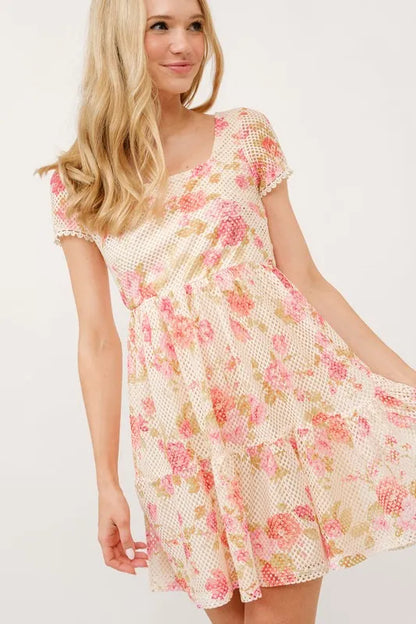 Square Neck Tiered Floral Fishnet Dress in Multi - product view 1