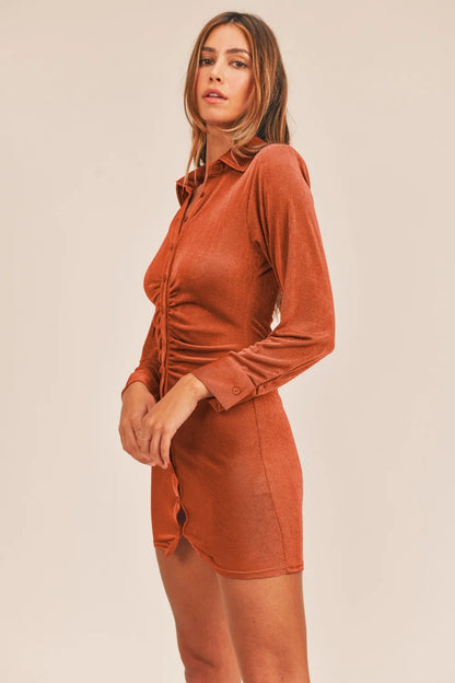 Front Ruched Button-Down Skinny Mini Shirt Dress - Brick - product view 3