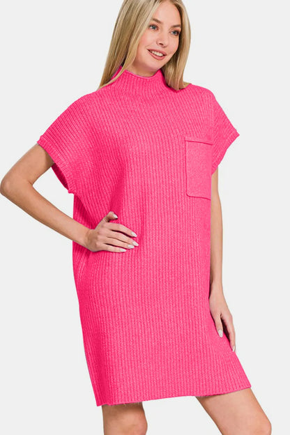 Short Sleeve Sweater Mini Dress - Hot Pink - product view 3