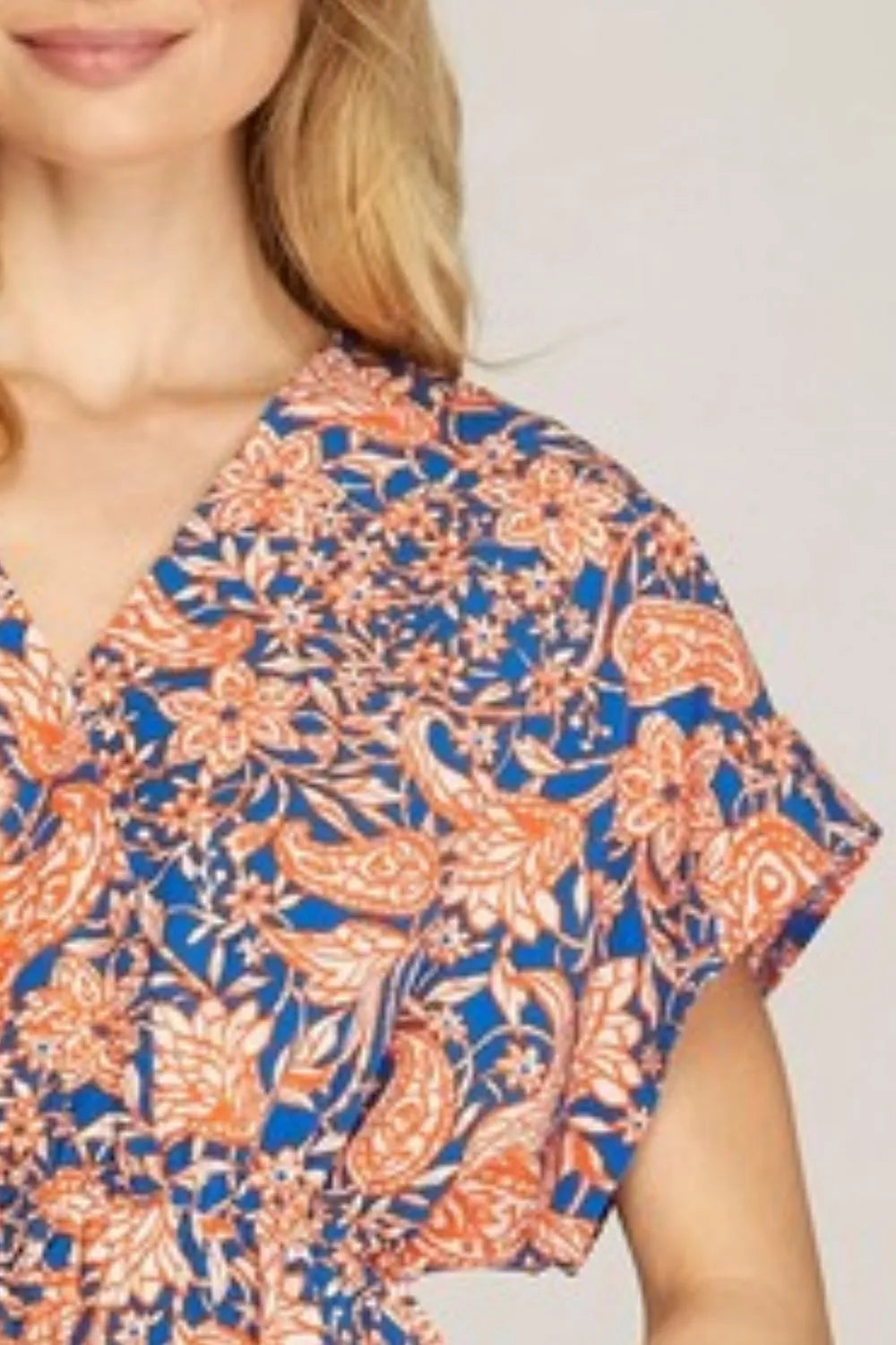 Full Size Ruffled Hem Printed Surplice Kimono Sleeve Mini Dress Plus Size - Royal Blue - product view 3
