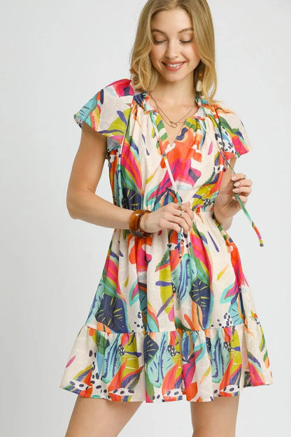 Printed Tie Neck Ruffled Hem Dress in Orange - product view 1