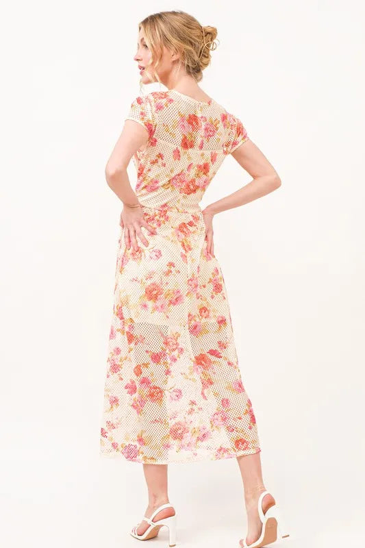 Fish-Net Floral Printed Midi Dress in Multi - product view 3