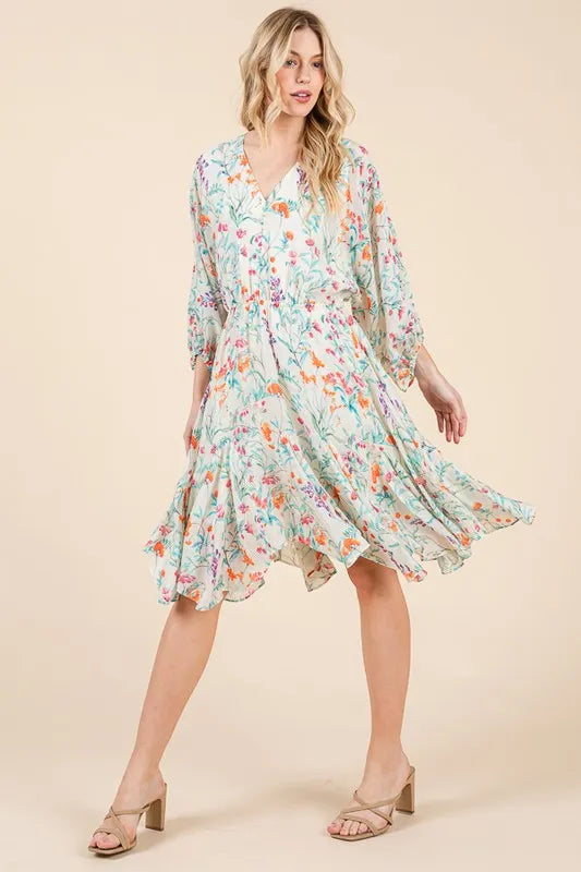 Floral Cinched Waist Balloon Sleeve V-Neck Dress in Ivory Floral - product view 5