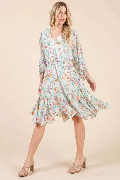 Floral Cinched Waist Balloon Sleeve V-Neck Dress in Ivory Floral - product view 5